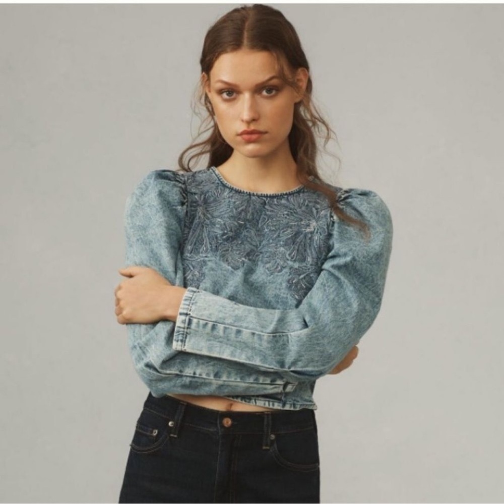 Pilcro Blue Embroidered Puff-Sleeve Denim Crop Top - Picture 3 of 16